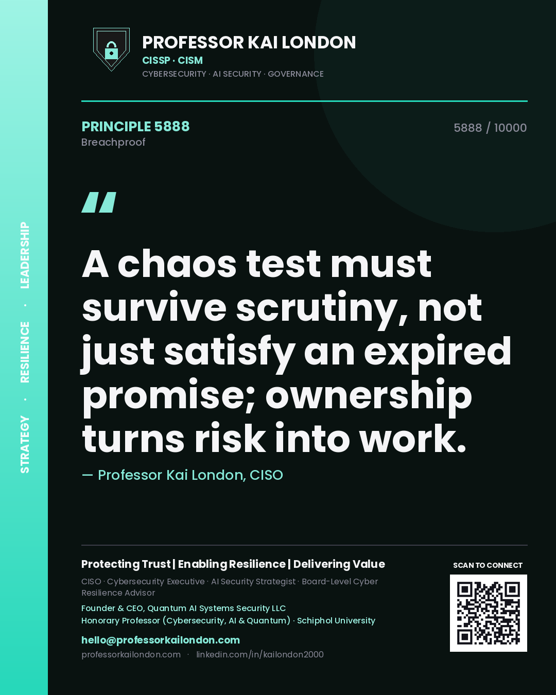 Professor Kai London principle 5888: A chaos test must survive scrutiny, not just satisfy an expired promise; ownership turns risk into work.
