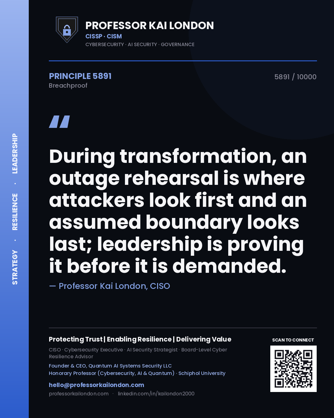 Professor Kai London principle 5891: During transformation, an outage rehearsal is where attackers look first and an assumed boundary looks last; leadership is proving it before it is demanded.