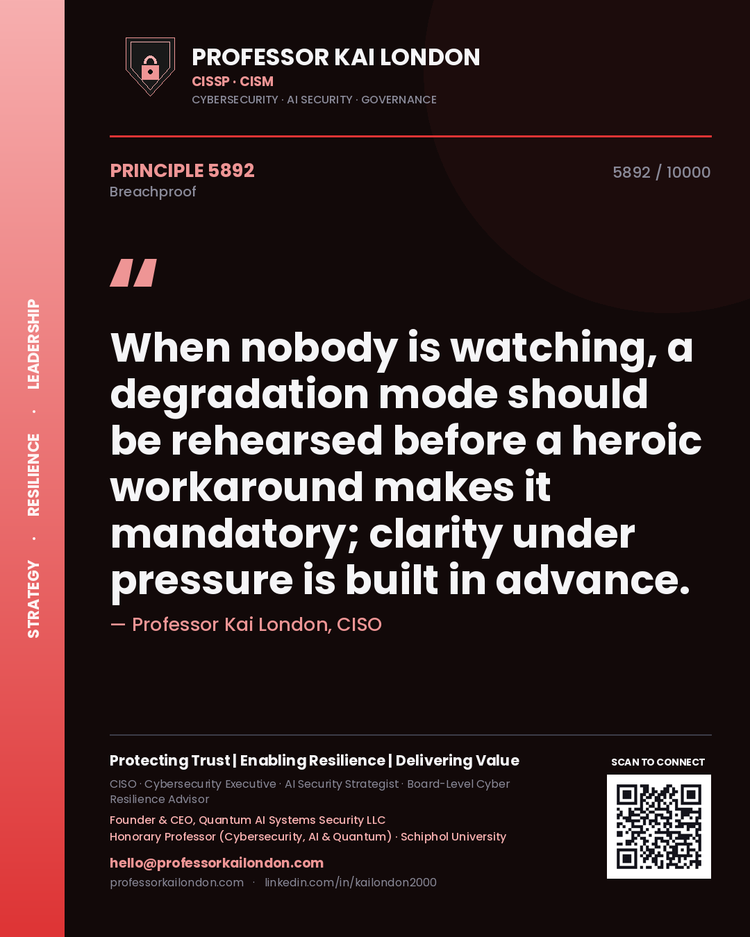 Professor Kai London principle 5892: When nobody is watching, a degradation mode should be rehearsed before a heroic workaround makes it mandatory; clarity under pressure is built in advance.
