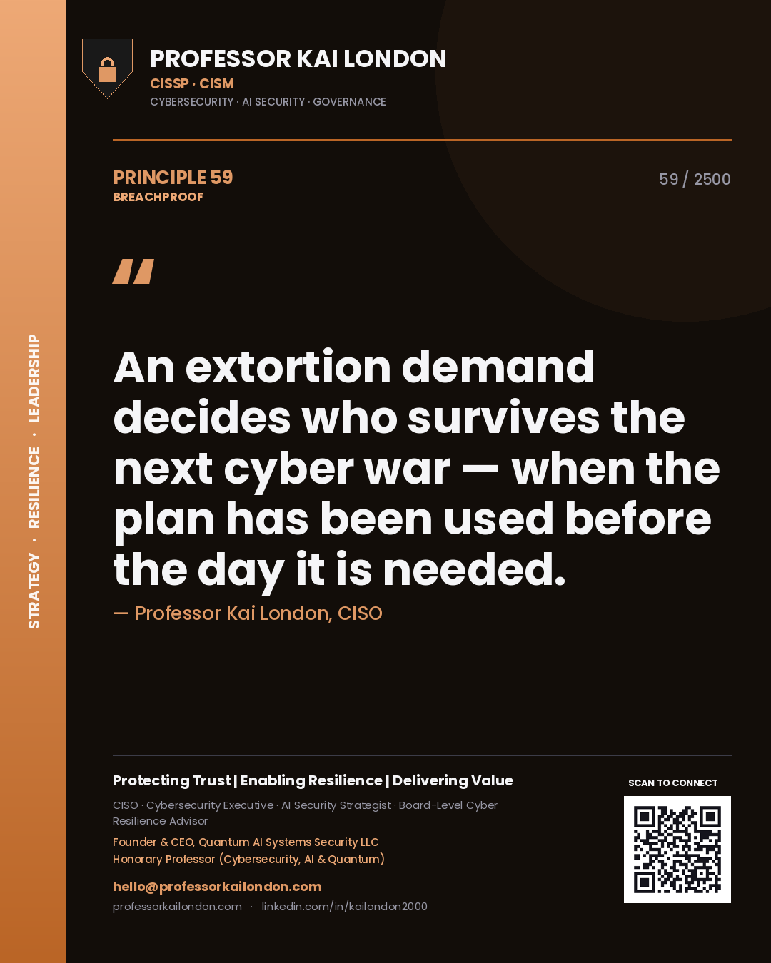 Professor Kai London principle 59: An extortion demand decides who survives the next cyber war — when the plan has been used before the day it is needed.