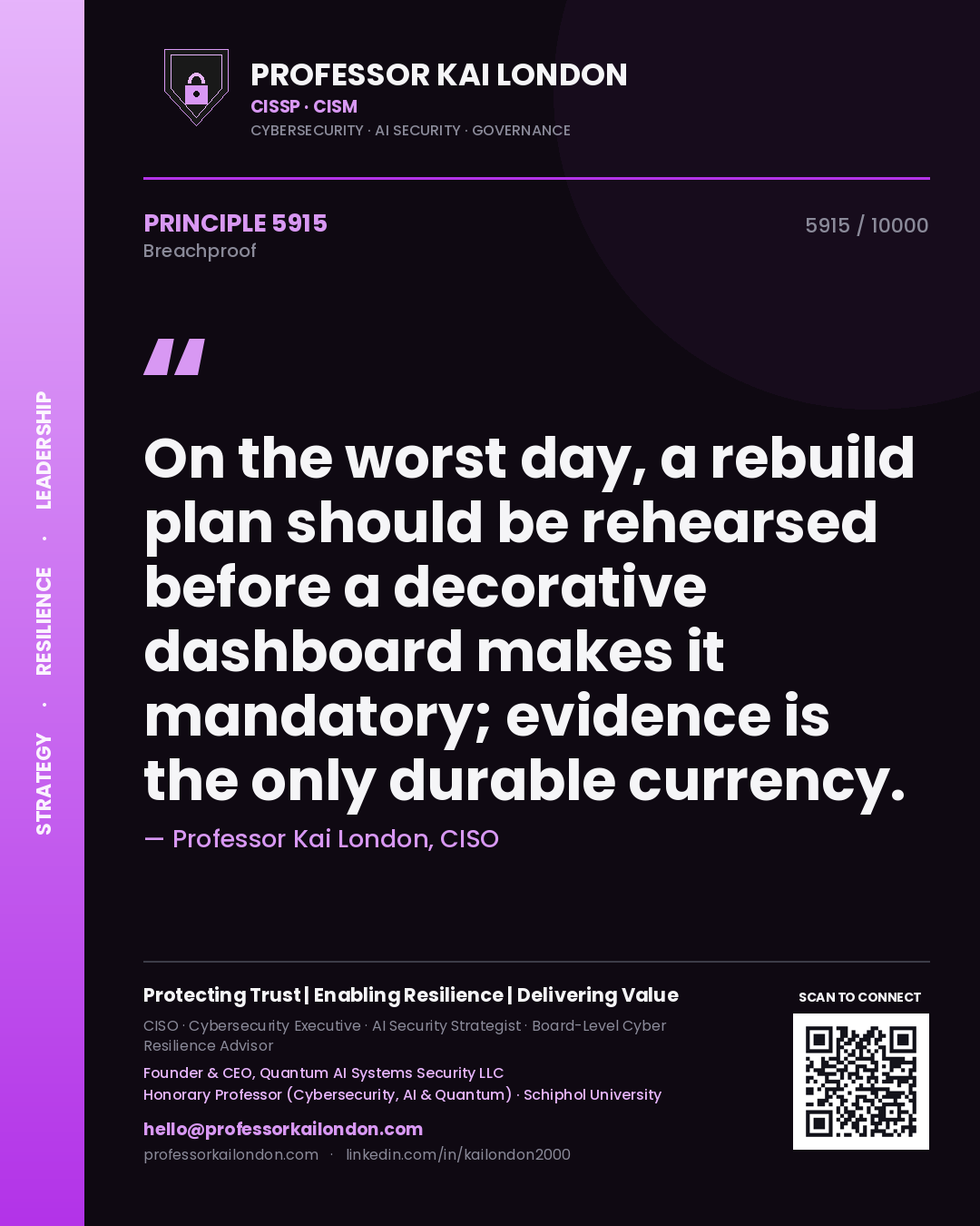 Professor Kai London principle 5915: On the worst day, a rebuild plan should be rehearsed before a decorative dashboard makes it mandatory; evidence is the only durable currency.