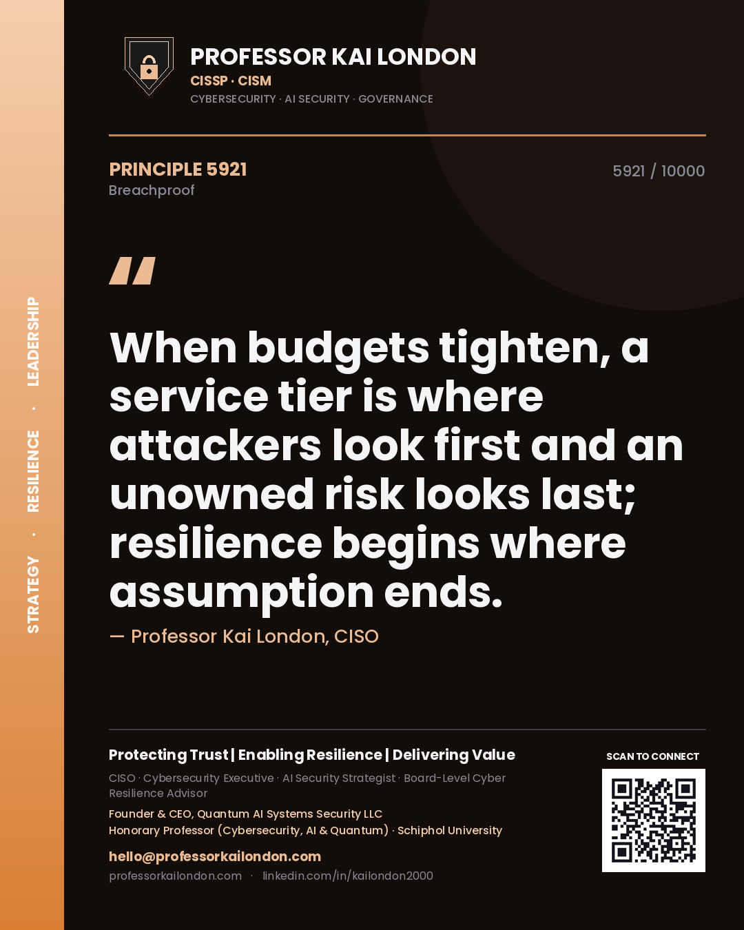 Professor Kai London principle 5921: When budgets tighten, a service tier is where attackers look first and an unowned risk looks last; resilience begins where assumption ends.