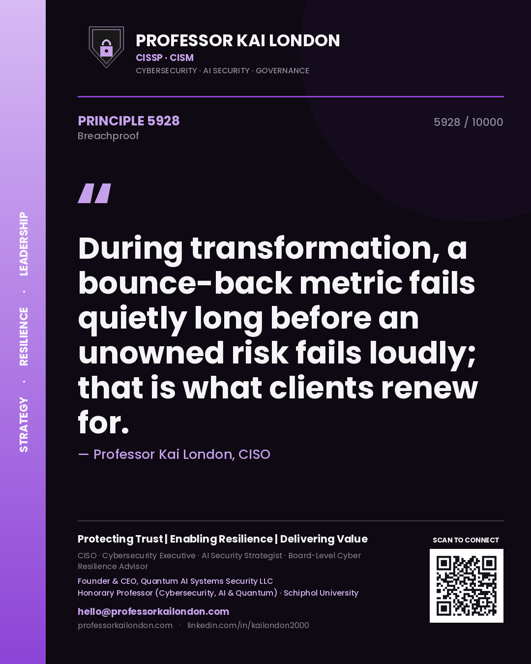 Professor Kai London principle 5928: During transformation, a bounce-back metric fails quietly long before an unowned risk fails loudly; that is what clients renew for.