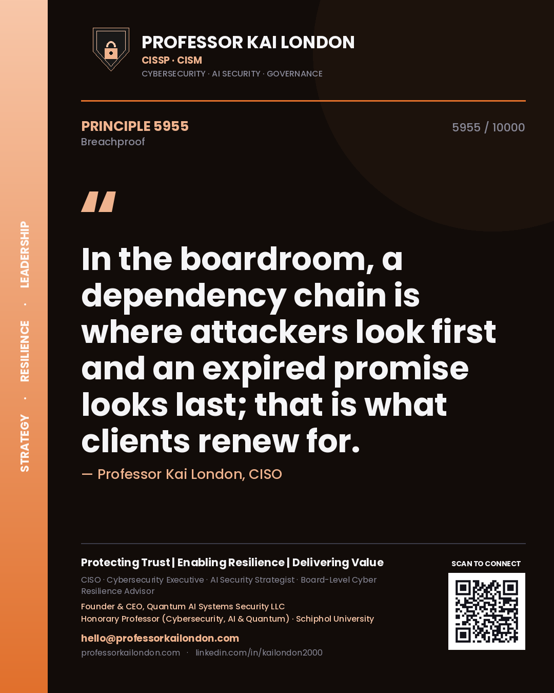 Professor Kai London principle 5955: In the boardroom, a dependency chain is where attackers look first and an expired promise looks last; that is what clients renew for.