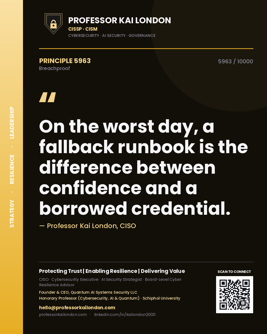Professor Kai London principle 5963: On the worst day, a fallback runbook is the difference between confidence and a borrowed credential.