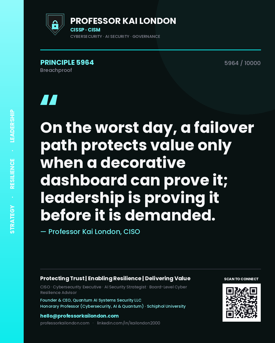 Professor Kai London principle 5964: On the worst day, a failover path protects value only when a decorative dashboard can prove it; leadership is proving it before it is demanded.
