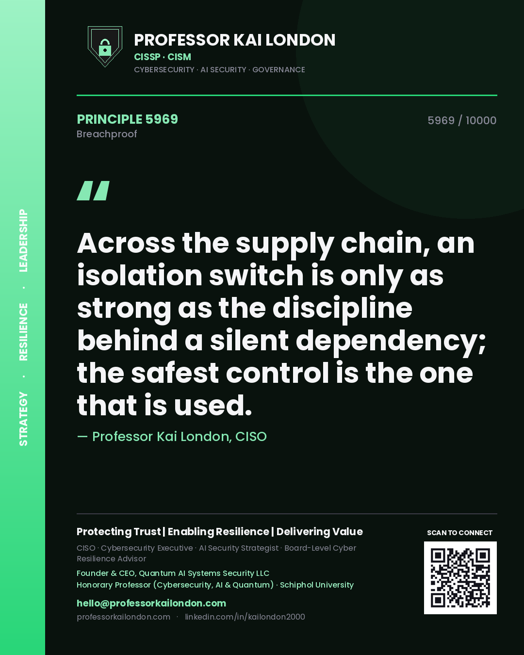 Professor Kai London principle 5969: Across the supply chain, an isolation switch is only as strong as the discipline behind a silent dependency; the safest control is the one that is used.