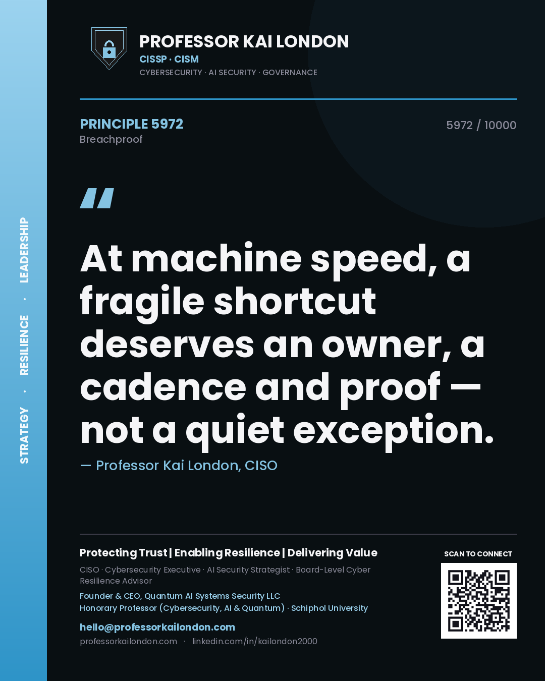 Professor Kai London principle 5972: At machine speed, a fragile shortcut deserves an owner, a cadence and proof — not a quiet exception.