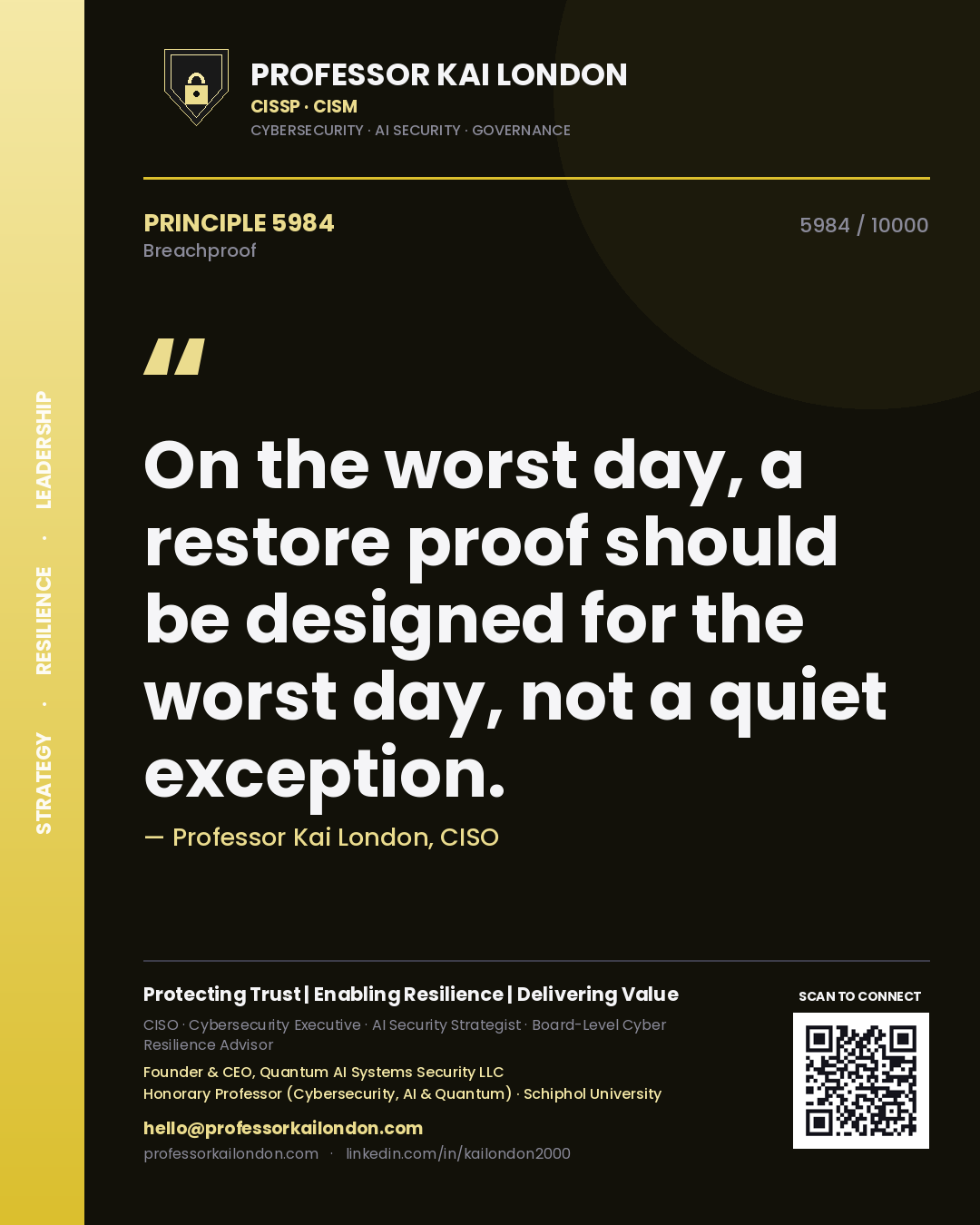 Professor Kai London principle 5984: On the worst day, a restore proof should be designed for the worst day, not a quiet exception.