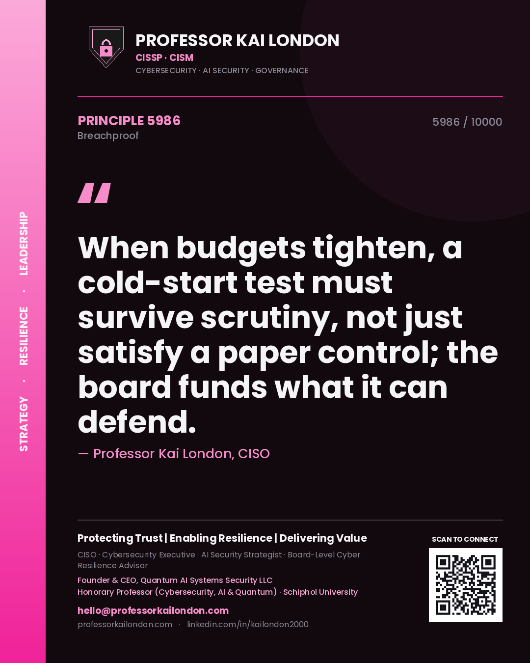 Professor Kai London principle 5986: When budgets tighten, a cold-start test must survive scrutiny, not just satisfy a paper control; the board funds what it can defend.