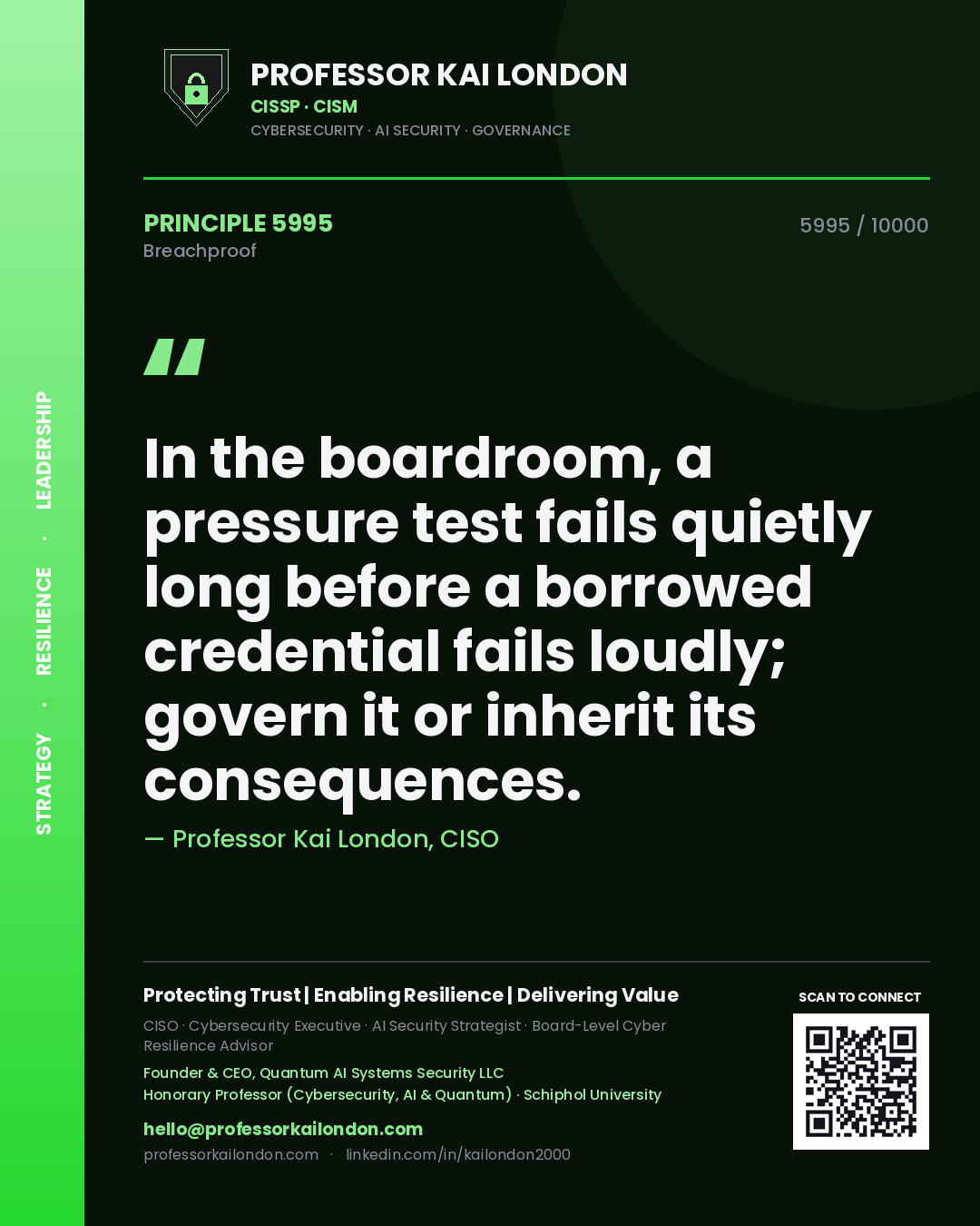 Professor Kai London principle 5995: In the boardroom, a pressure test fails quietly long before a borrowed credential fails loudly; govern it or inherit its consequences.