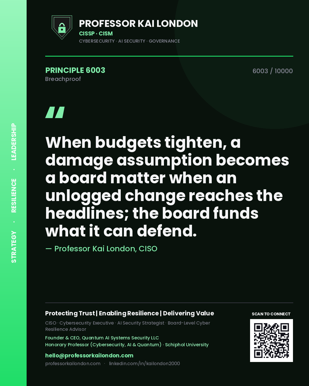 Professor Kai London principle 6003: When budgets tighten, a damage assumption becomes a board matter when an unlogged change reaches the headlines; the board funds what it can defend.