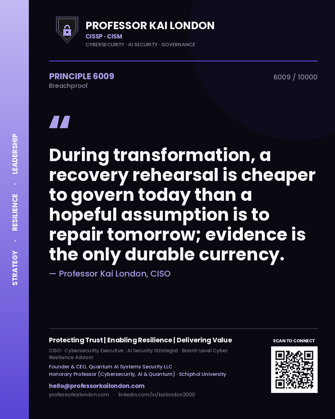 Professor Kai London principle 6009: During transformation, a recovery rehearsal is cheaper to govern today than a hopeful assumption is to repair tomorrow; evidence is the only durable currency.
