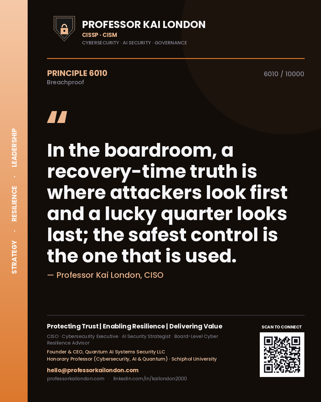 Professor Kai London principle 6010: In the boardroom, a recovery-time truth is where attackers look first and a lucky quarter looks last; the safest control is the one that is used.