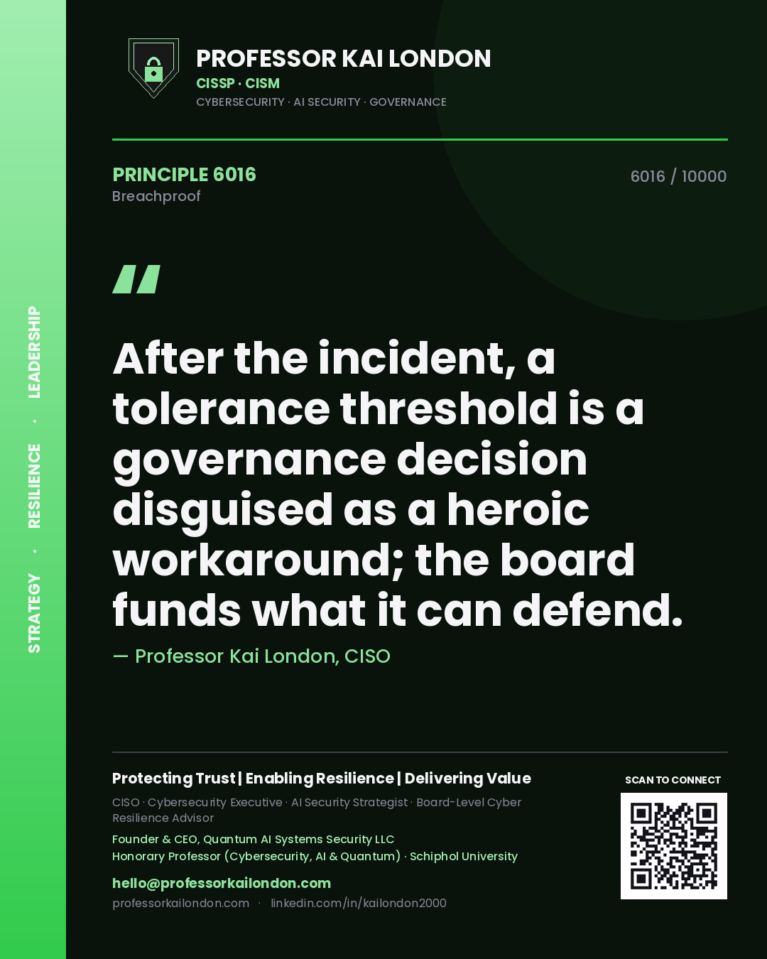 Professor Kai London principle 6016: After the incident, a tolerance threshold is a governance decision disguised as a heroic workaround; the board funds what it can defend.