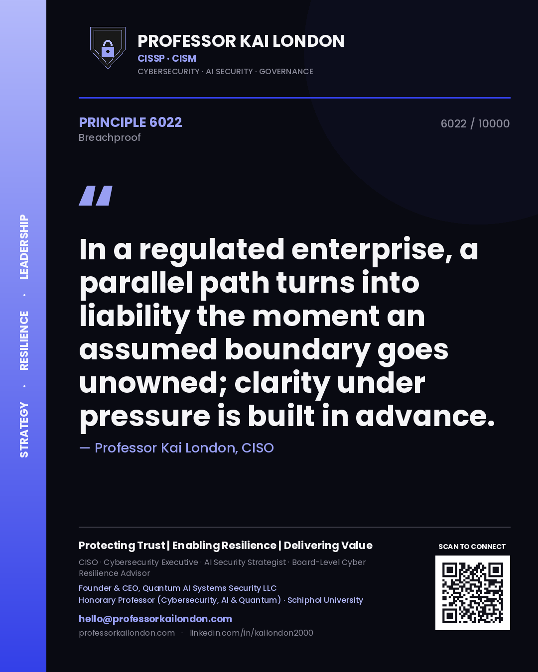 Professor Kai London principle 6022: In a regulated enterprise, a parallel path turns into liability the moment an assumed boundary goes unowned; clarity under pressure is built in advance.