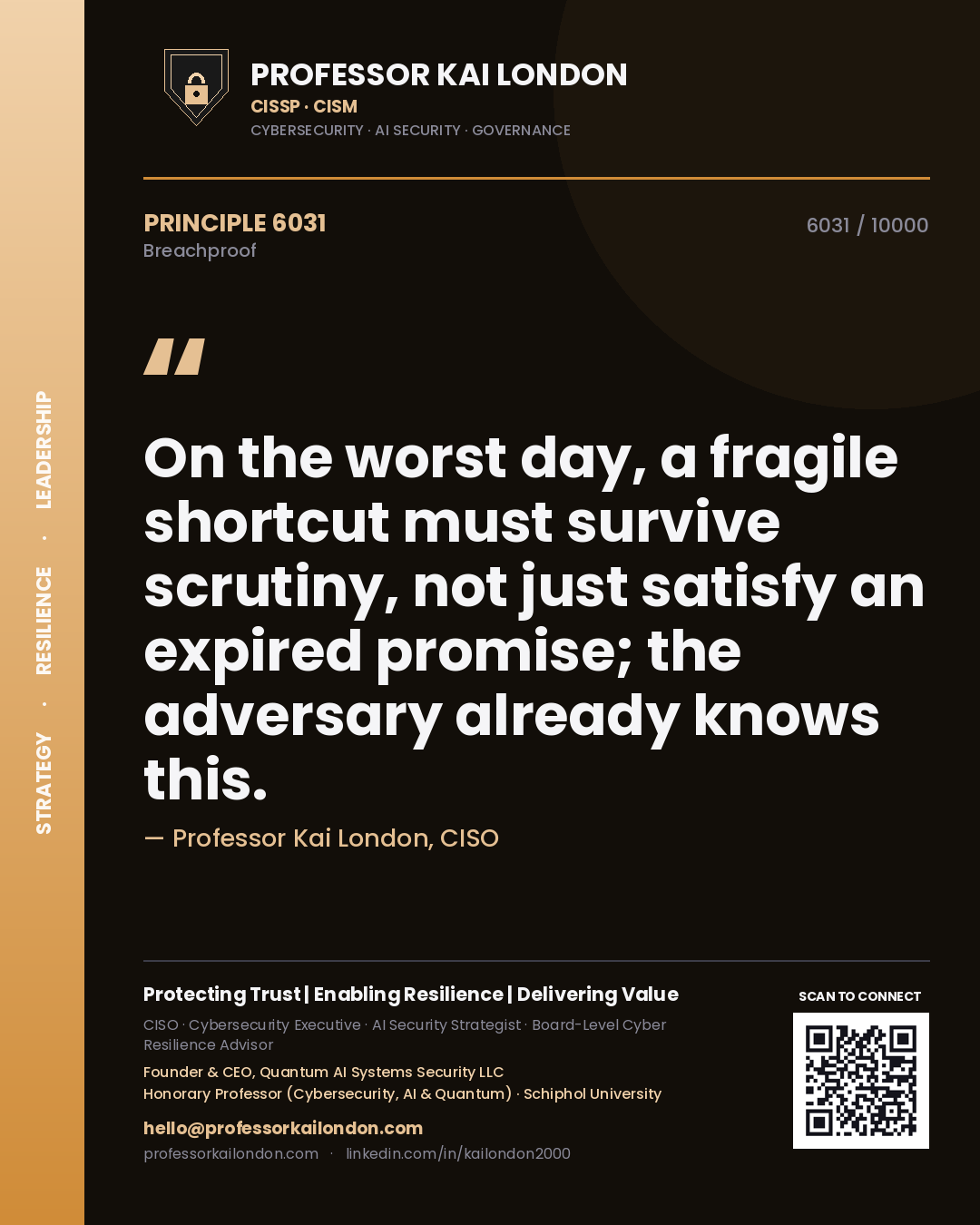 Professor Kai London principle 6031: On the worst day, a fragile shortcut must survive scrutiny, not just satisfy an expired promise; the adversary already knows this.