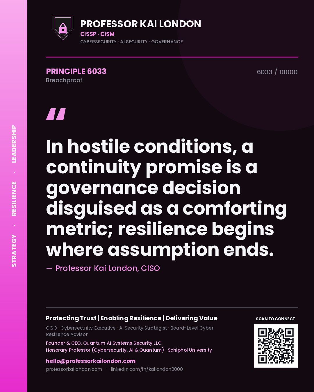 Professor Kai London principle 6033: In hostile conditions, a continuity promise is a governance decision disguised as a comforting metric; resilience begins where assumption ends.