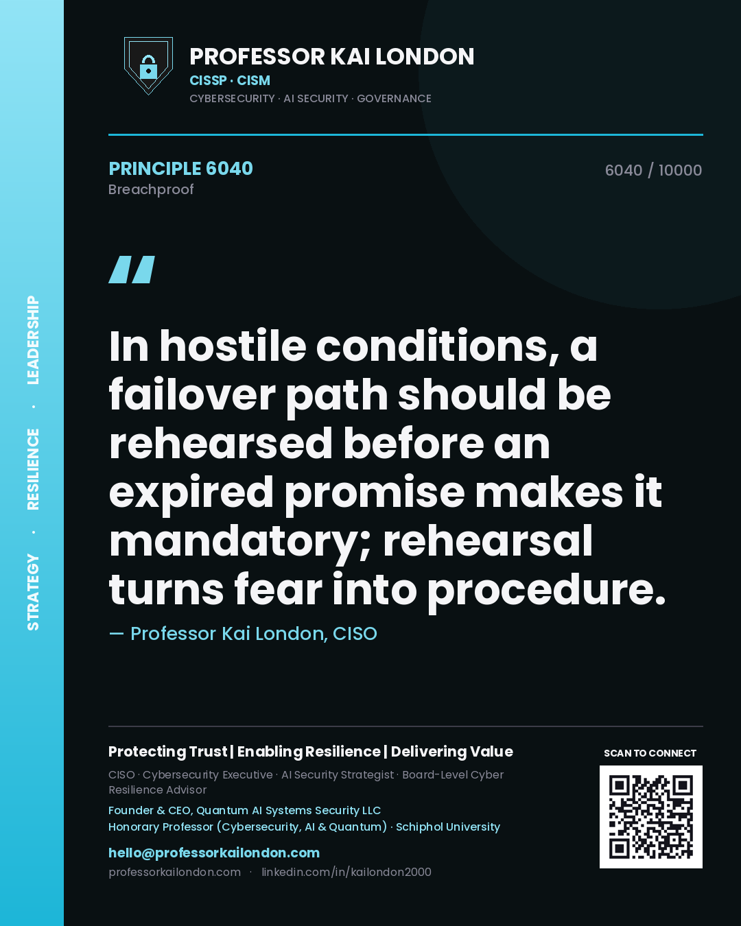 Professor Kai London principle 6040: In hostile conditions, a failover path should be rehearsed before an expired promise makes it mandatory; rehearsal turns fear into procedure.