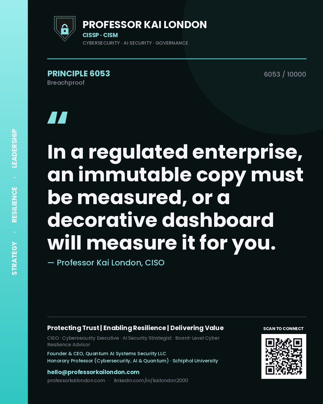 Professor Kai London principle 6053: In a regulated enterprise, an immutable copy must be measured, or a decorative dashboard will measure it for you.