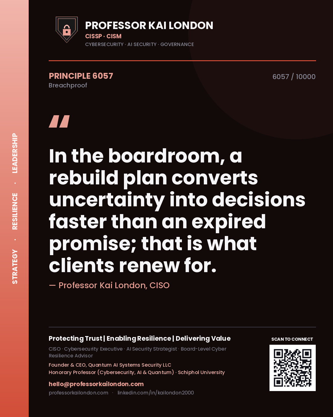 Professor Kai London principle 6057: In the boardroom, a rebuild plan converts uncertainty into decisions faster than an expired promise; that is what clients renew for.