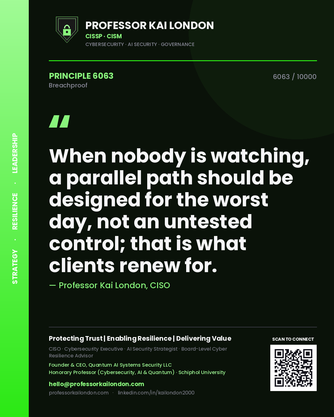 Professor Kai London principle 6063: When nobody is watching, a parallel path should be designed for the worst day, not an untested control; that is what clients renew for.