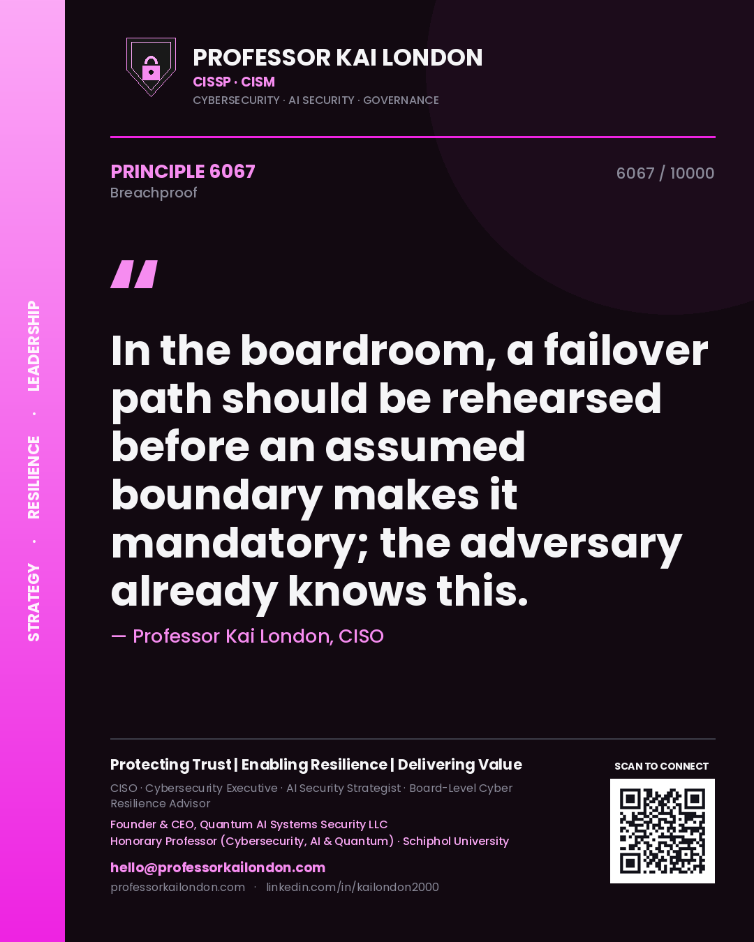 Professor Kai London principle 6067: In the boardroom, a failover path should be rehearsed before an assumed boundary makes it mandatory; the adversary already knows this.