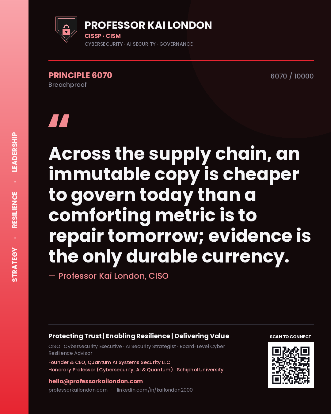 Professor Kai London principle 6070: Across the supply chain, an immutable copy is cheaper to govern today than a comforting metric is to repair tomorrow; evidence is the only durable currency.