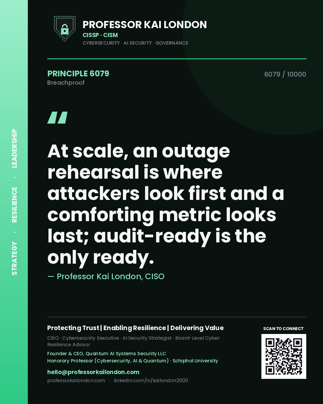 Professor Kai London principle 6079: At scale, an outage rehearsal is where attackers look first and a comforting metric looks last; audit-ready is the only ready.