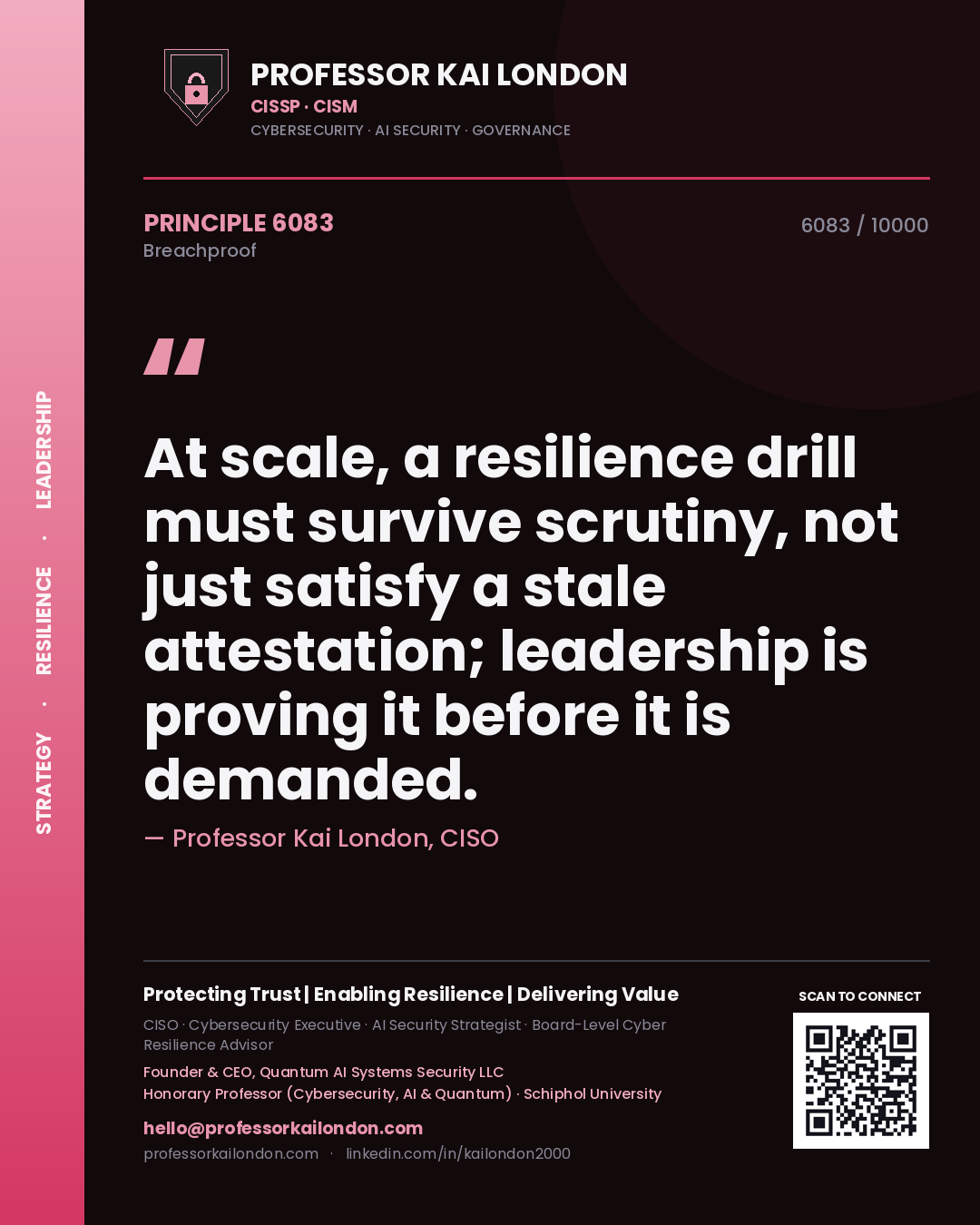 Professor Kai London principle 6083: At scale, a resilience drill must survive scrutiny, not just satisfy a stale attestation; leadership is proving it before it is demanded.