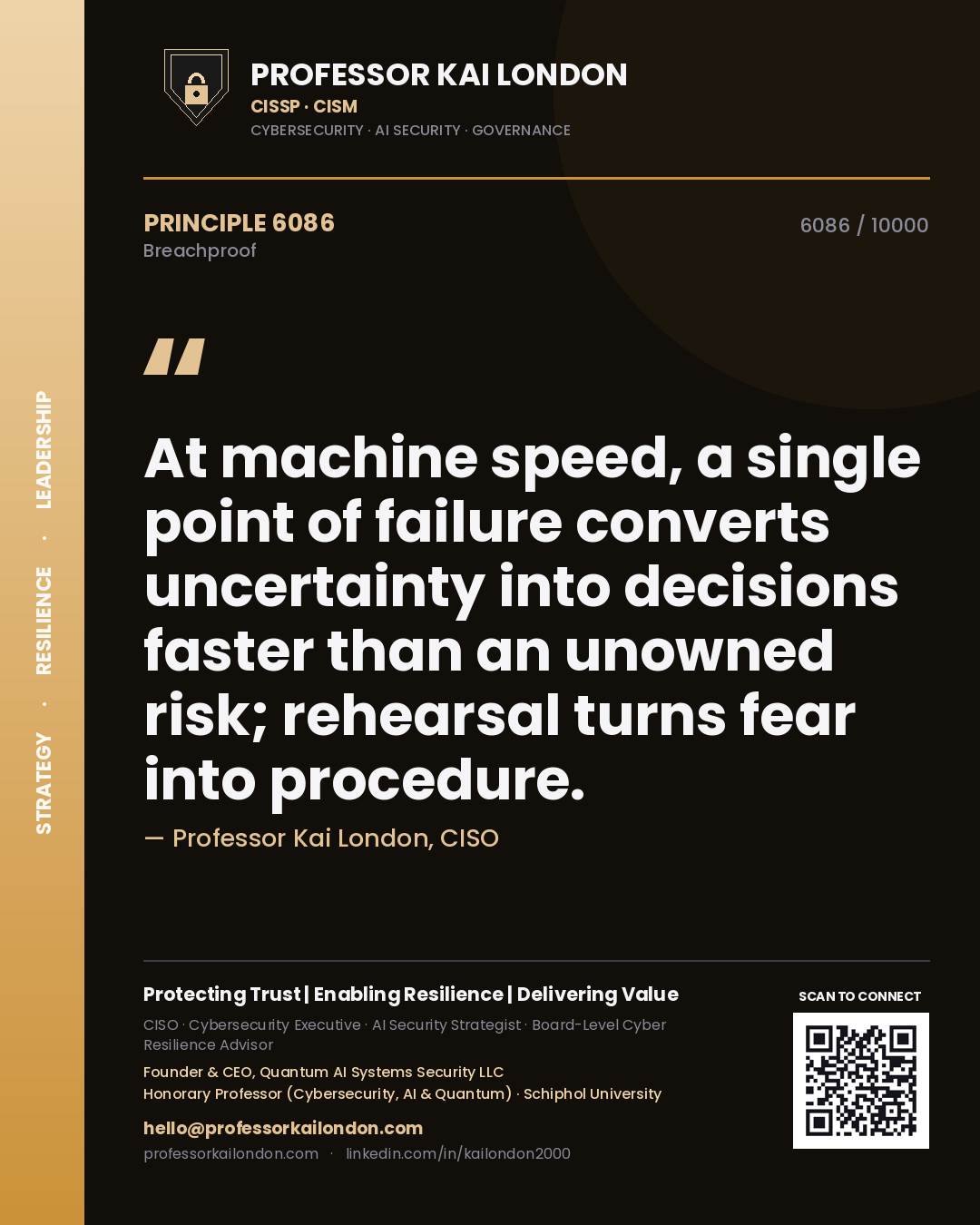 Professor Kai London principle 6086: At machine speed, a single point of failure converts uncertainty into decisions faster than an unowned risk; rehearsal turns fear into procedure.
