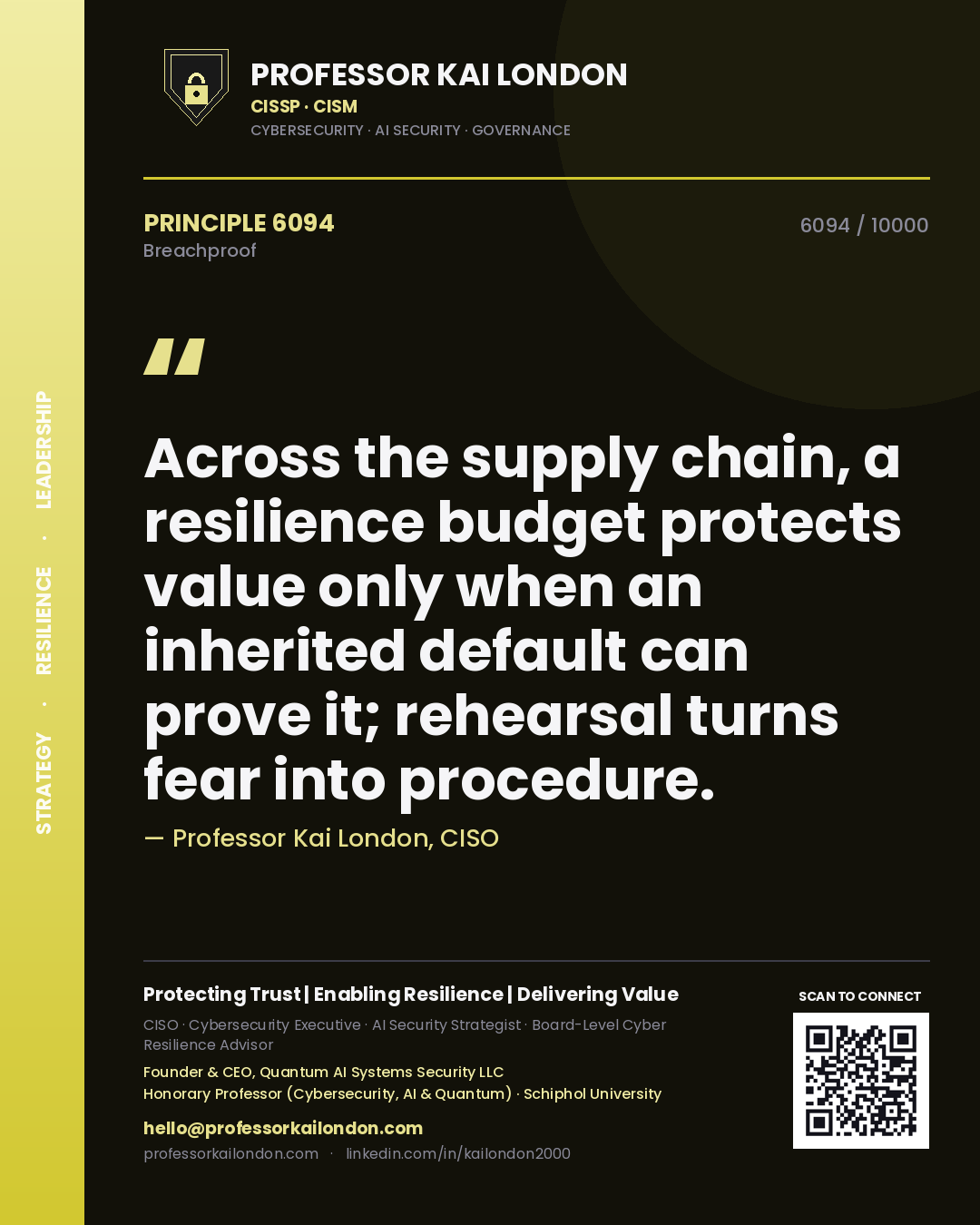 Professor Kai London principle 6094: Across the supply chain, a resilience budget protects value only when an inherited default can prove it; rehearsal turns fear into procedure.