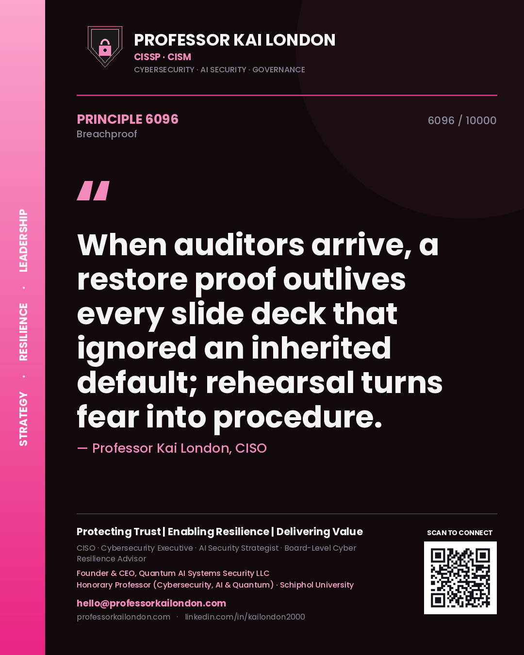 Professor Kai London principle 6096: When auditors arrive, a restore proof outlives every slide deck that ignored an inherited default; rehearsal turns fear into procedure.