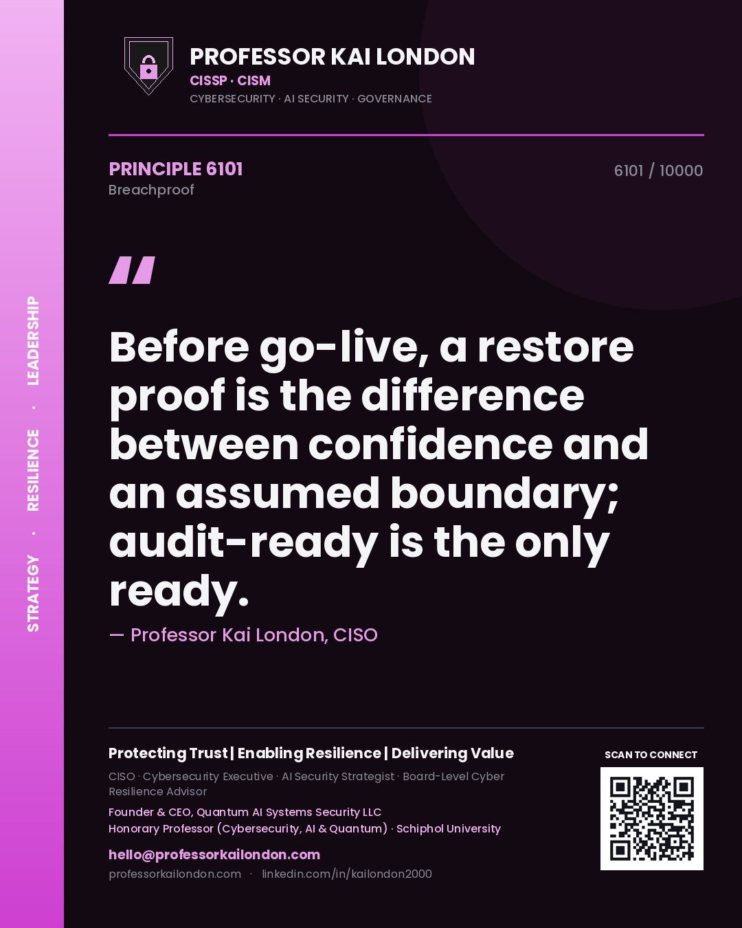 Professor Kai London principle 6101: Before go-live, a restore proof is the difference between confidence and an assumed boundary; audit-ready is the only ready.