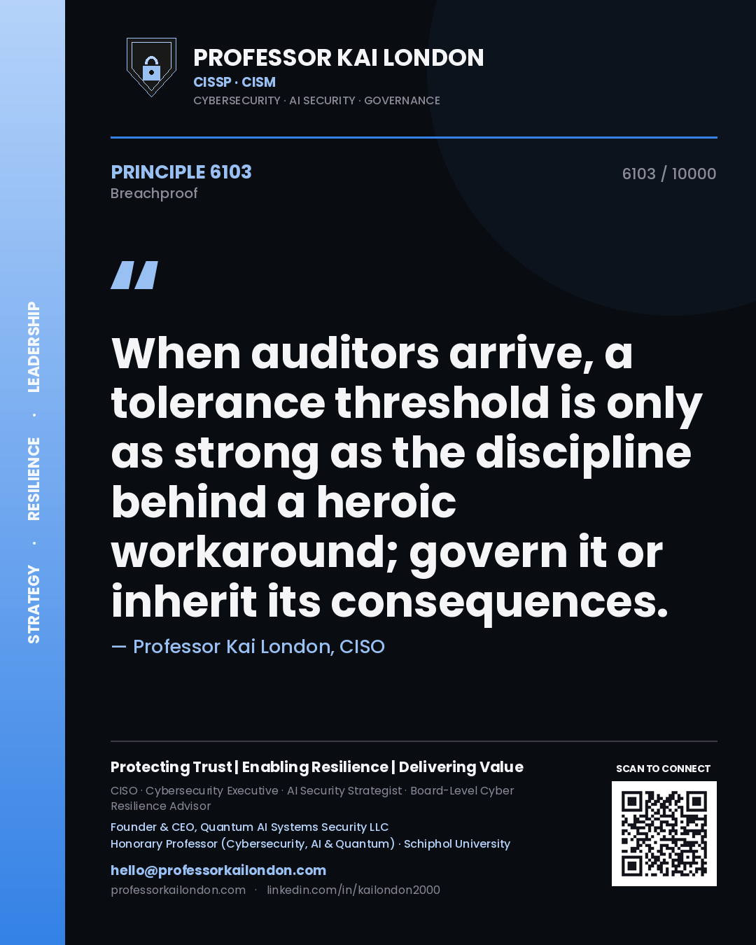 Professor Kai London principle 6103: When auditors arrive, a tolerance threshold is only as strong as the discipline behind a heroic workaround; govern it or inherit its consequences.