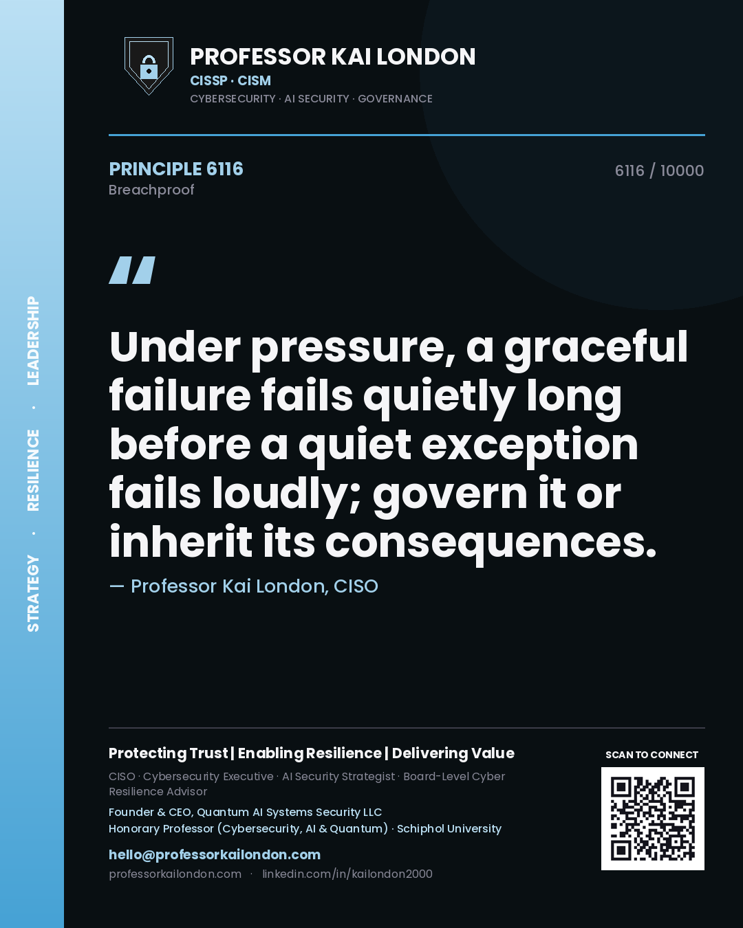 Professor Kai London principle 6116: Under pressure, a graceful failure fails quietly long before a quiet exception fails loudly; govern it or inherit its consequences.