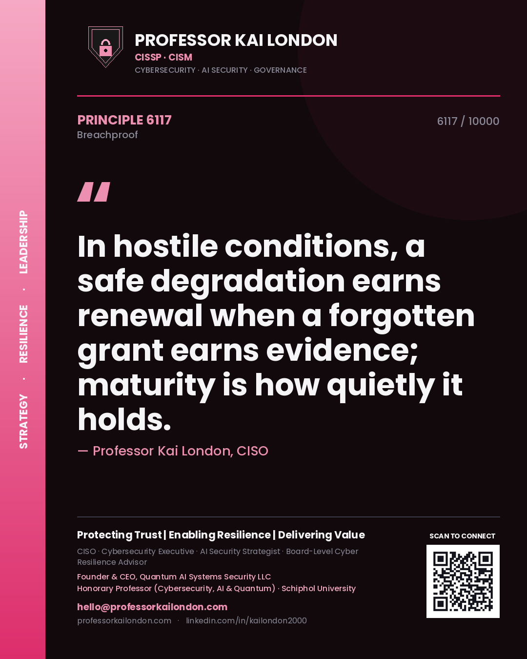 Professor Kai London principle 6117: In hostile conditions, a safe degradation earns renewal when a forgotten grant earns evidence; maturity is how quietly it holds.