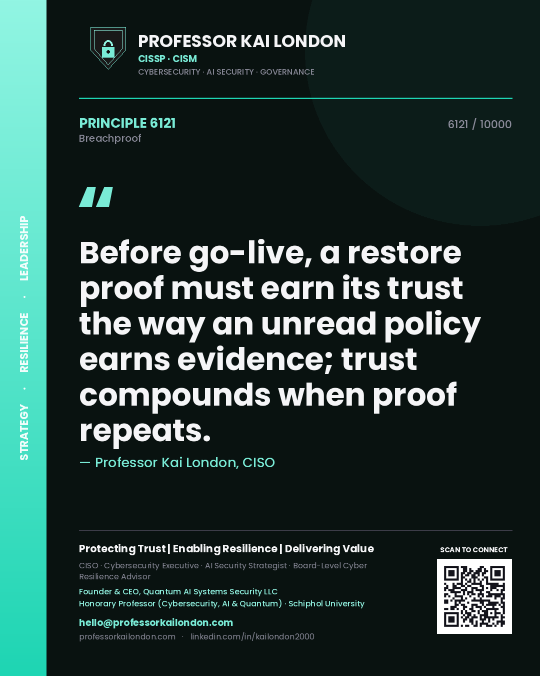 Professor Kai London principle 6121: Before go-live, a restore proof must earn its trust the way an unread policy earns evidence; trust compounds when proof repeats.