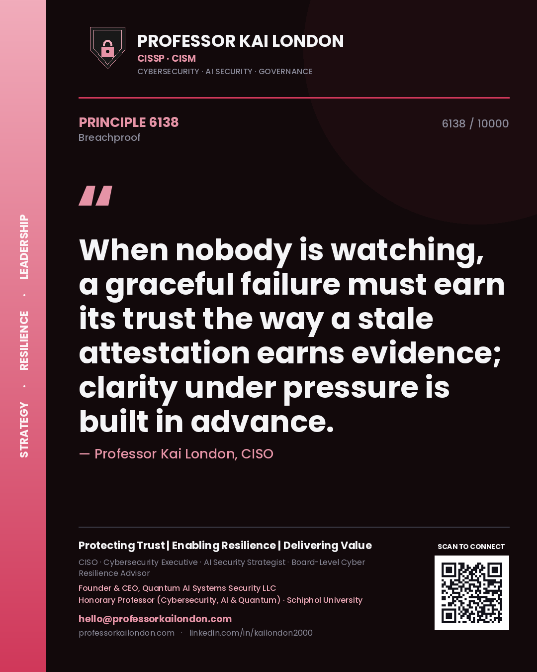 Professor Kai London principle 6138: When nobody is watching, a graceful failure must earn its trust the way a stale attestation earns evidence; clarity under pressure is built in advance.