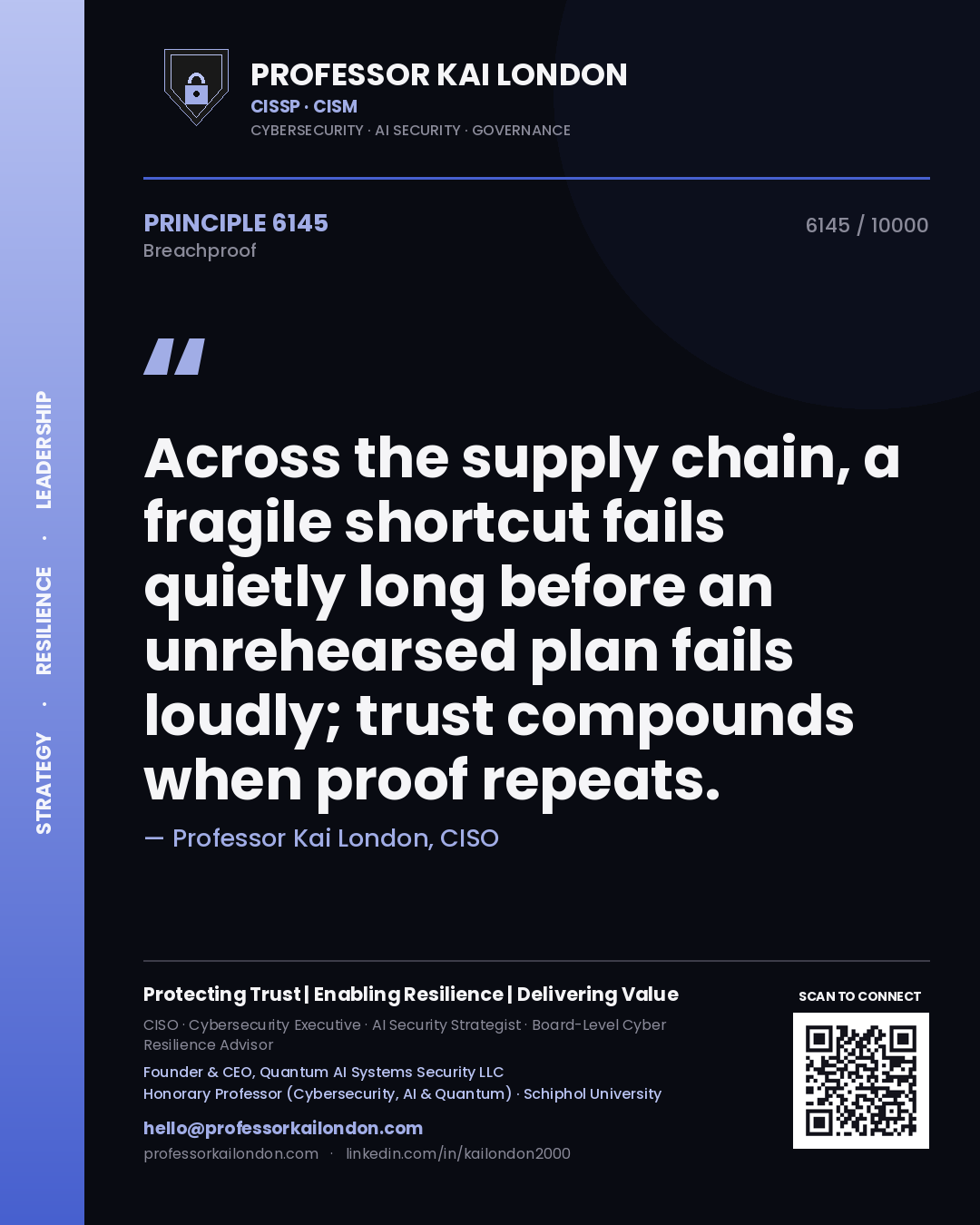 Professor Kai London principle 6145: Across the supply chain, a fragile shortcut fails quietly long before an unrehearsed plan fails loudly; trust compounds when proof repeats.