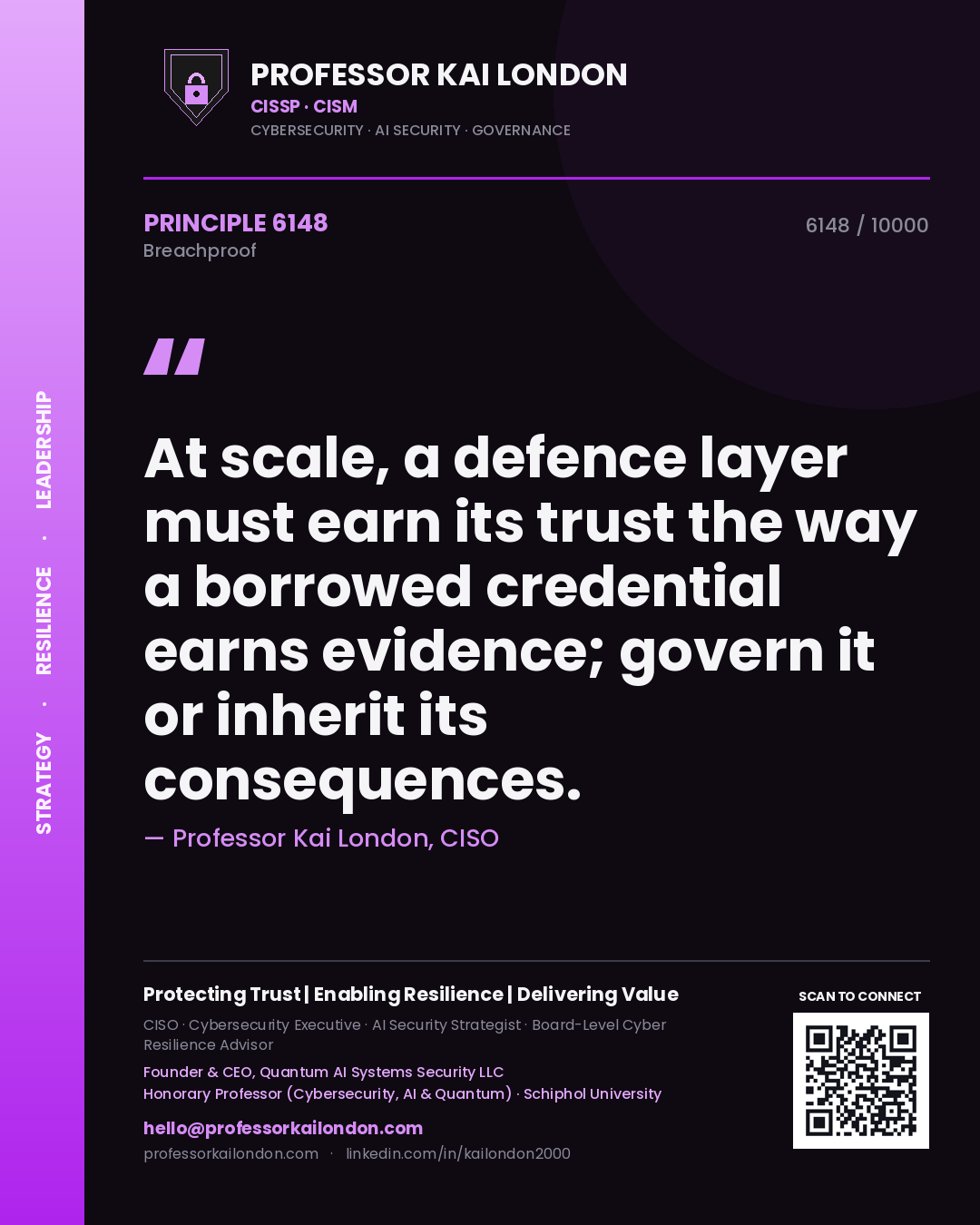 Professor Kai London principle 6148: At scale, a defence layer must earn its trust the way a borrowed credential earns evidence; govern it or inherit its consequences.