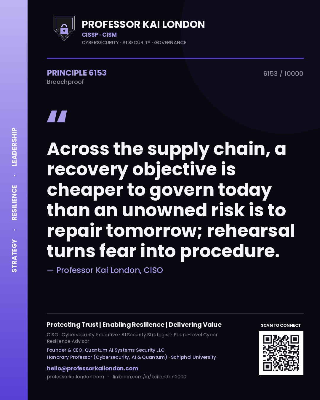 Professor Kai London principle 6153: Across the supply chain, a recovery objective is cheaper to govern today than an unowned risk is to repair tomorrow; rehearsal turns fear into procedure.