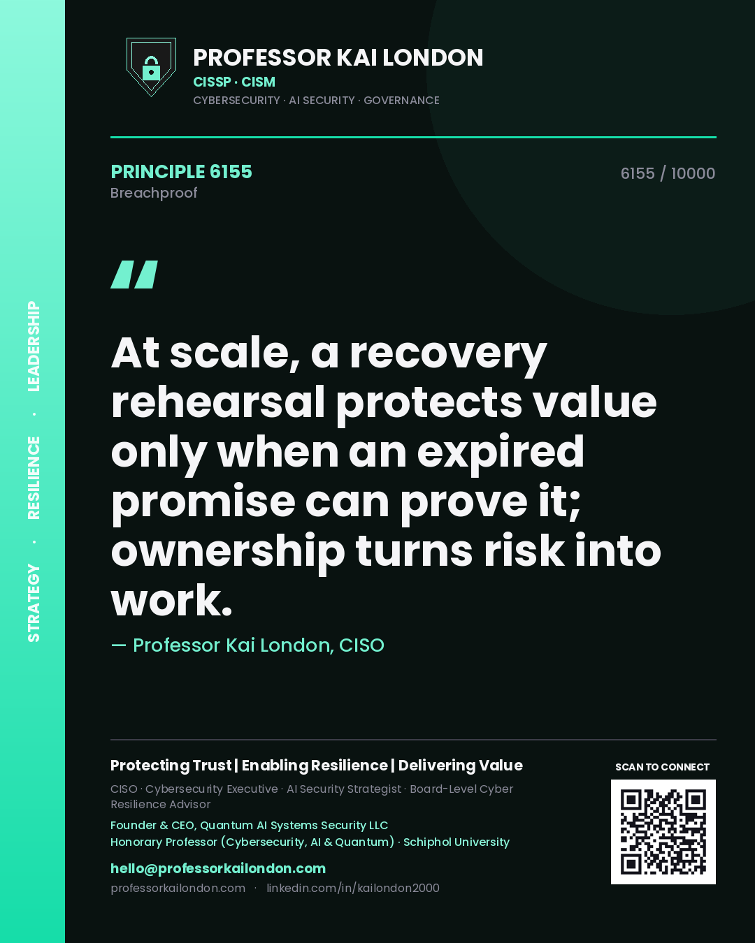 Professor Kai London principle 6155: At scale, a recovery rehearsal protects value only when an expired promise can prove it; ownership turns risk into work.