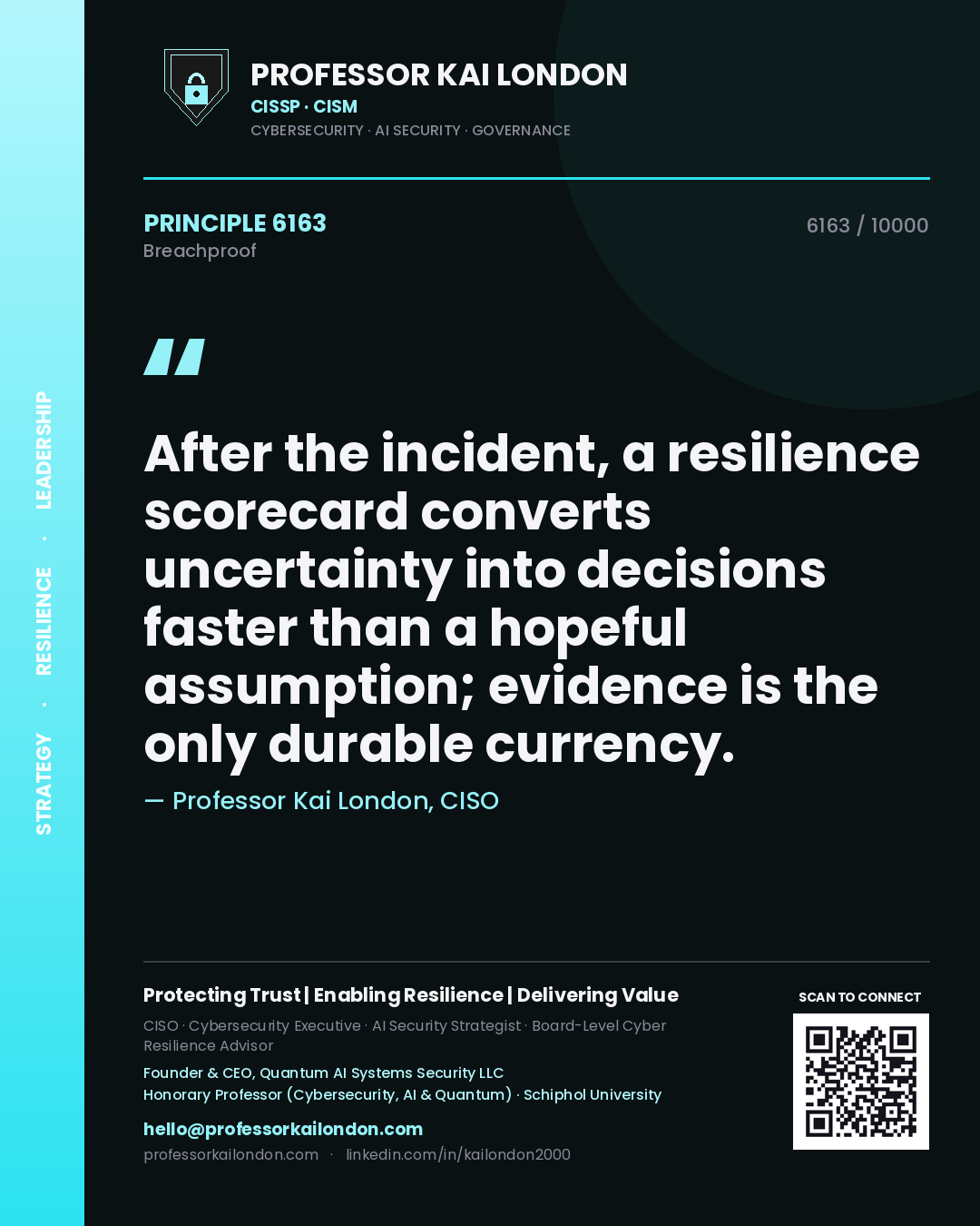 Professor Kai London principle 6163: After the incident, a resilience scorecard converts uncertainty into decisions faster than a hopeful assumption; evidence is the only durable currency.