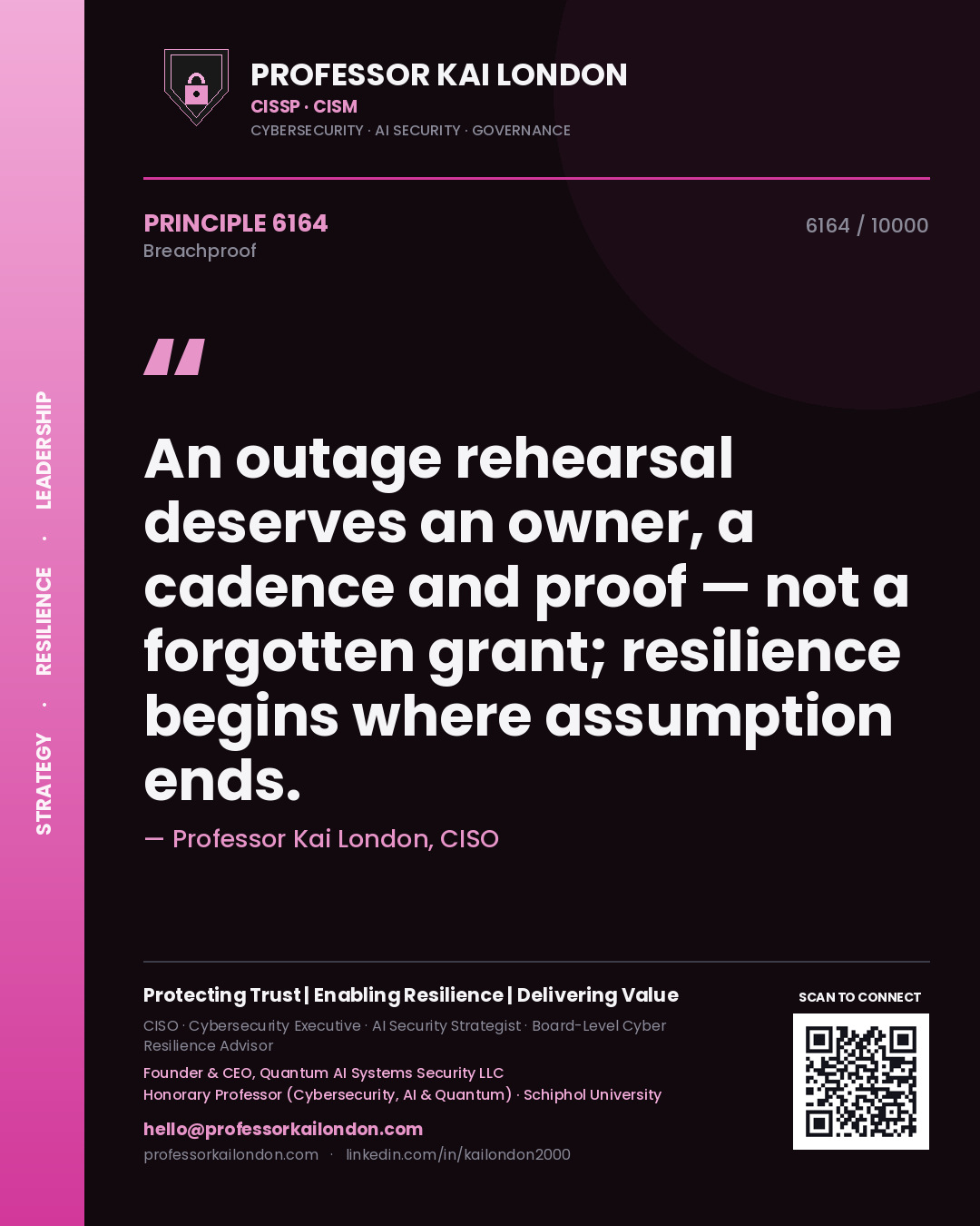 Professor Kai London principle 6164: An outage rehearsal deserves an owner, a cadence and proof — not a forgotten grant; resilience begins where assumption ends.
