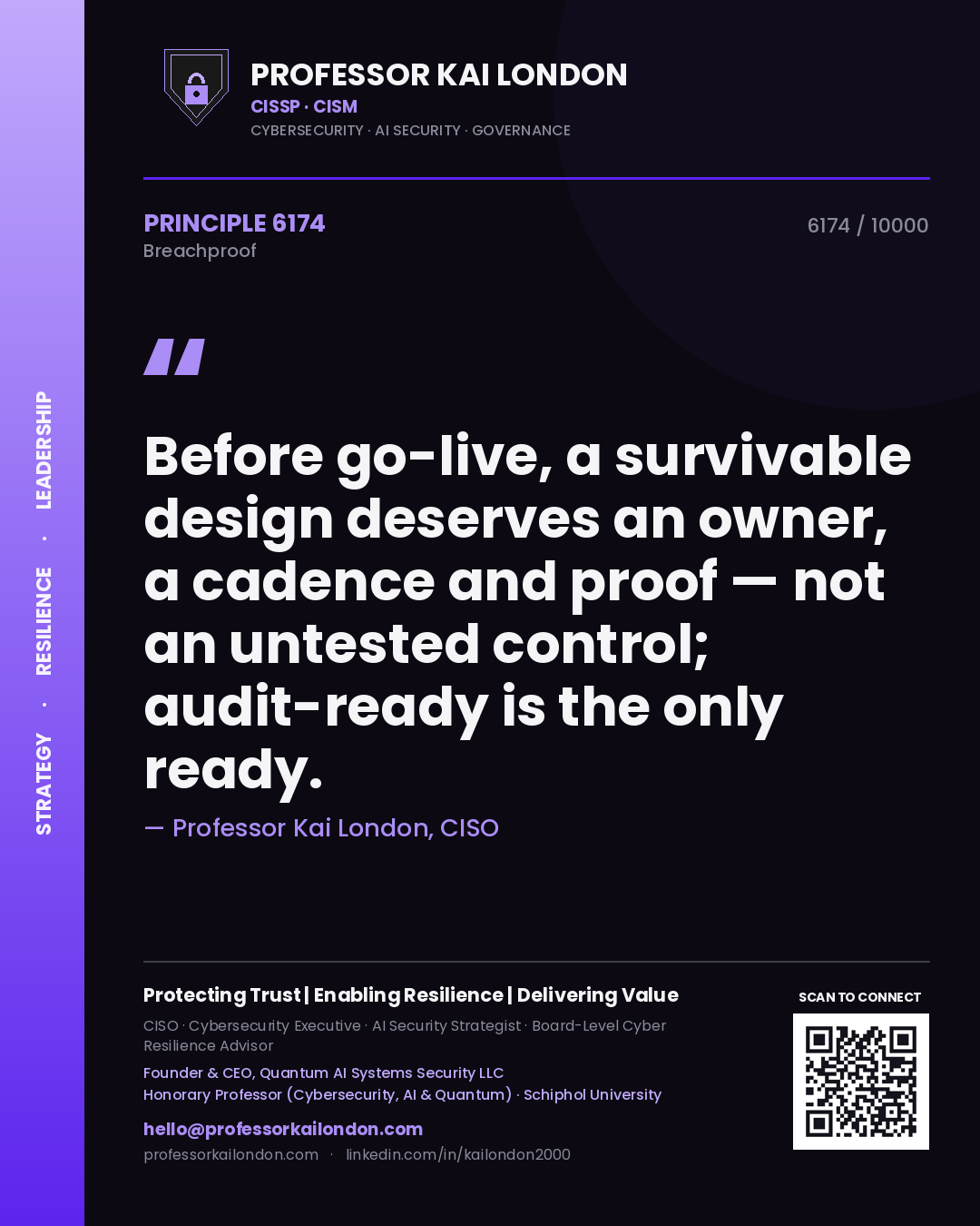 Professor Kai London principle 6174: Before go-live, a survivable design deserves an owner, a cadence and proof — not an untested control; audit-ready is the only ready.
