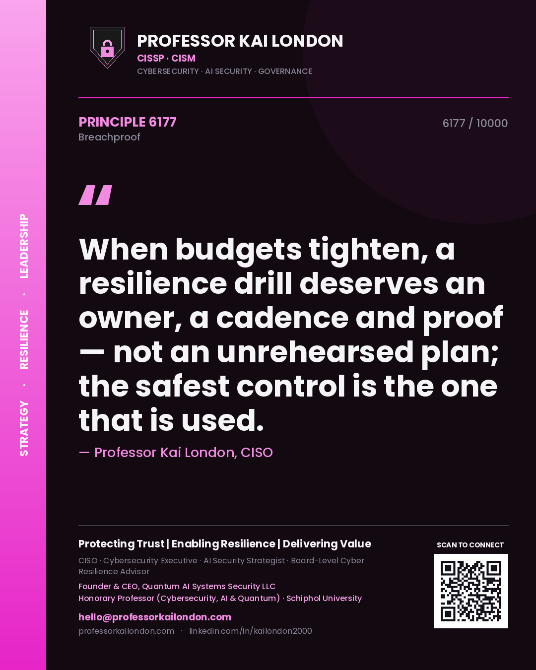 Professor Kai London principle 6177: When budgets tighten, a resilience drill deserves an owner, a cadence and proof — not an unrehearsed plan; the safest control is the one that is used.