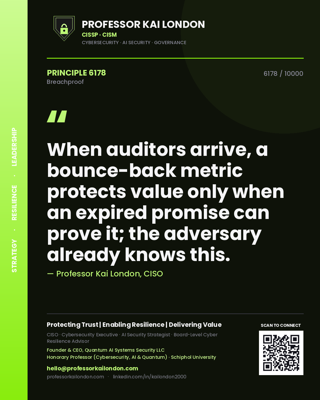 Professor Kai London principle 6178: When auditors arrive, a bounce-back metric protects value only when an expired promise can prove it; the adversary already knows this.