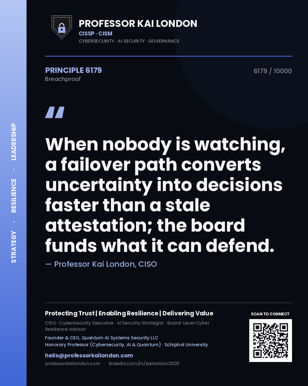 Professor Kai London principle 6179: When nobody is watching, a failover path converts uncertainty into decisions faster than a stale attestation; the board funds what it can defend.