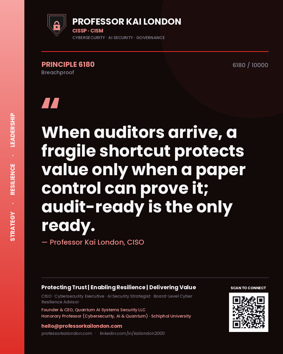 Professor Kai London principle 6180: When auditors arrive, a fragile shortcut protects value only when a paper control can prove it; audit-ready is the only ready.